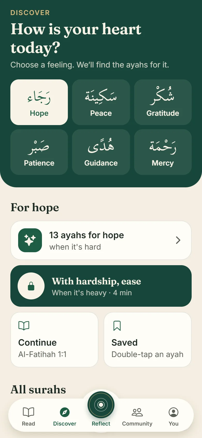 Discover screen in the app: six feelings to choose from, with ayahs for each one.