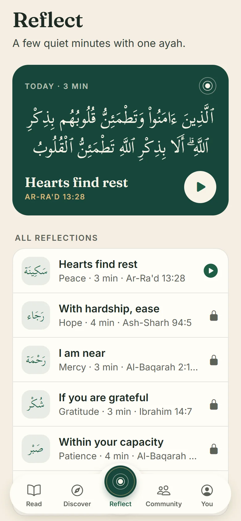 Reflect screen in the app: today's reflection on Quran 13:28 and a list of guided reflections.